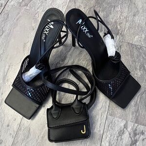 Black Square Open Toe Mesh Lace Up Stiletto Heel Sandals